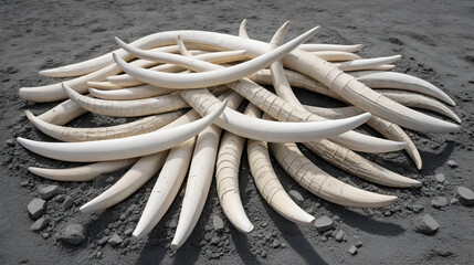 Replicated Artificial Ivory Elephant Tusk Pile on Grey Dusty Ground