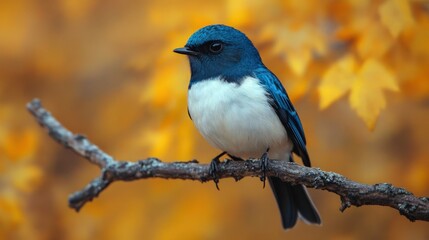 Fototapeta premium Vibrant blue and white bird perched on a branch amidst autumn leaves, showcasing nature's beauty