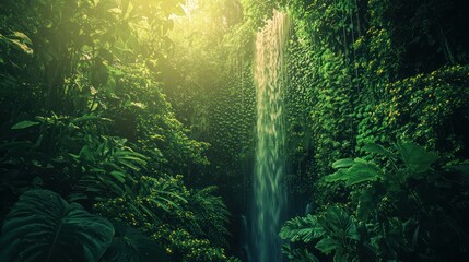 Fototapeta premium Lush waterfall cascading down a dense tropical rainforest. Sunlight streams through the verdant canopy.