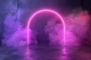 Neon Archway with Smoke in Dark Room for Artistic Background