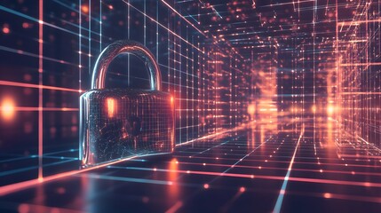 A sleek metallic padlock icon on a futuristic digital background, symbolizing advanced cybersecurity and modern design