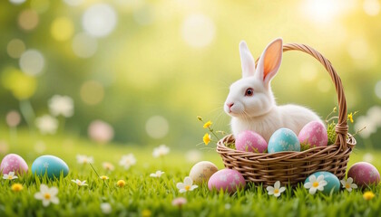 The easter eggs basket is surrounded by green grass and white and yellow flowers and cute bunny.  The image evokes a sense of spring and joy, perfect for celebrating Easter.
