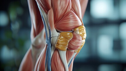 A detailed anatomical representation of a human knee joint, showcasing muscles, ligaments, and tendons in intricate detail against a blurred background.