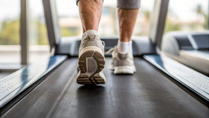 close up of senior person feet walking on treadmill, showcasing fitness and health. scene captures determination and effort involved in maintaining active lifestyle