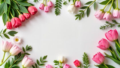 Fototapeta premium Romantic floral border with pink and white tulips on white background for elegant wedding invitations, branding, and event marketing