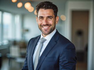Fototapeta premium A portrait headshot photo of a professional CEO executive business worker: A smiling man with a beard and mustache, wearing a blue suit and tie, standing in an office with a window.