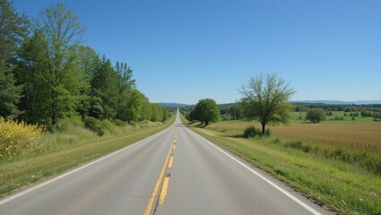 Fototapeta premium Lonely Stretch of Asphalt Road Surrounded by Lush Green Fields and Clear Blue Sky in Summer