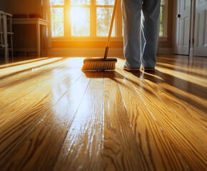 A person sweeping a gleaming wooden floor bathed in warm sunlight, capturing the essence of a fresh start and the tranquility of a clean home environment.