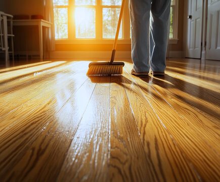 A person sweeping a gleaming wooden floor bathed in warm sunlight, capturing the essence of a fresh start and the tranquility of a clean home environment.
