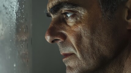 Fototapeta premium Man with Concentration Shows Intense Emotion in Close-Up Profile Shot