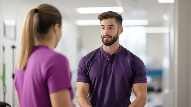 A man and woman in purple shirts converse in a bright, professional setting, likely discussing fitness or health-related topics.