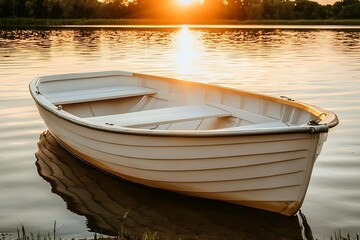 Obraz premium Serene Sunset on a Peaceful Lake with a Rowboat
