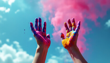 Reaching colorful hands against blue sky and clouds celebrating holi festival
