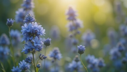 Vibrant Blue Flowers Blooming in a Serene Garden with Soft Sunlight Filtering Through Leaves