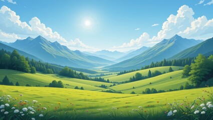 Obraz premium Vibrant Mountain Landscape with Rolling Green Hills and Colorful Flowers Beneath a Bright Sky