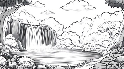 Obraz premium Sketch Waterfall, jungle, serene pool