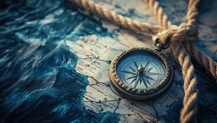 Vintage Compass on Antique Map with Rope, Guiding the Way