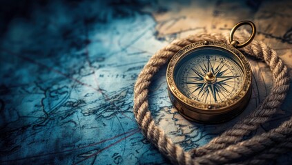 Antique brass compass on aged nautical map