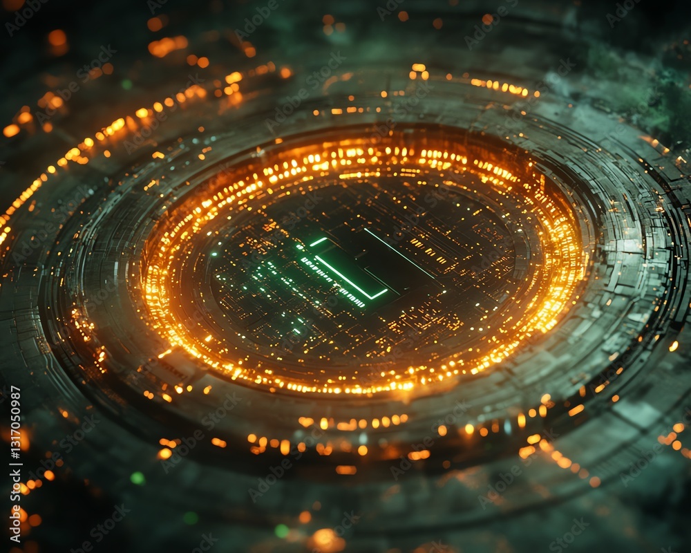 Poster advanced cybersecurity defense metallic lock inside a digital shield, surrounded by glowing binary c