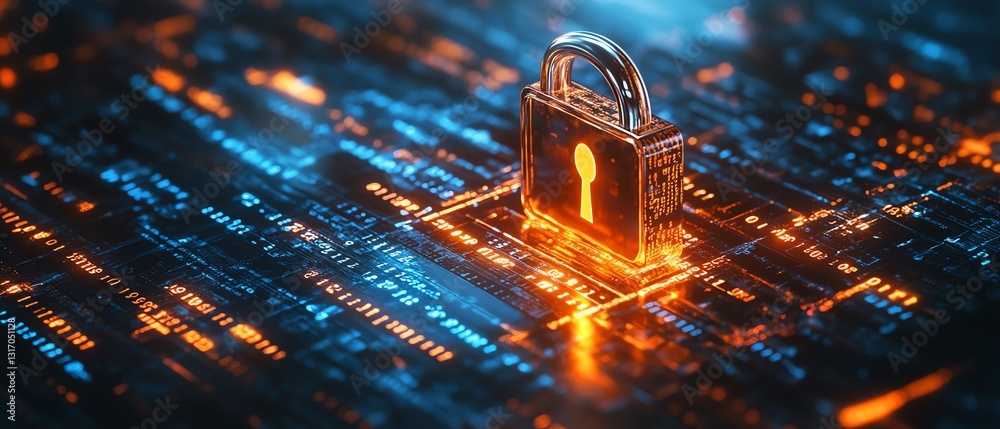 Poster advanced digital lock and shield protecting data, surrounded by streaming binary code, futuristic cy