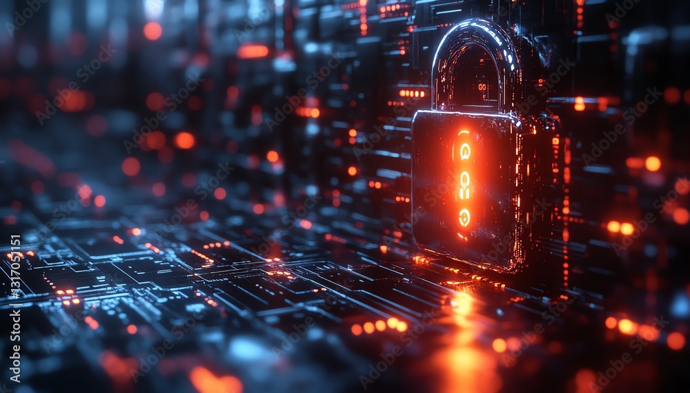 Poster advanced digital shield with a metallic lock, safeguarding against cyber attacks, flowing data strea