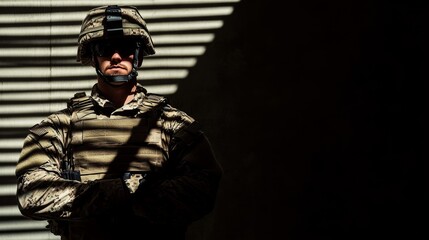 Fototapeta premium Soldier in Tactical Gear with Dramatic Lighting and Shadows