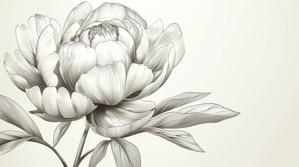Beautiful illustration of a single peony flower in line art on a white background