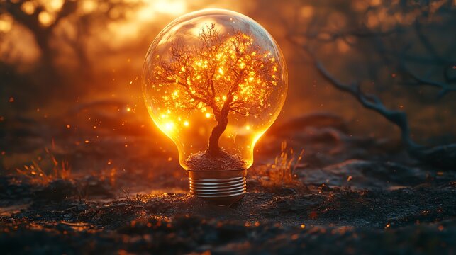 Barren tree sprouting inside a glowing, illuminated bulb, symbolizing creativity and intellectual growth emerging in challenging conditions, hyperrealistic, 8K render