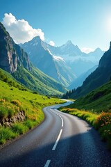 Fototapeta premium A winding asphalt road through a vibrant green valley, nestled amidst majestic snow-capped mountains under a brilliant blue sky.