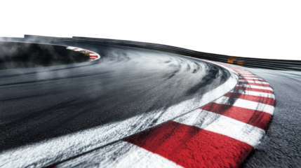 "A high-speed race track with a tight, sharp curve and dramatic skid marks across the asphalt, isolated on transparent background, emphasizing the thrill of racing.