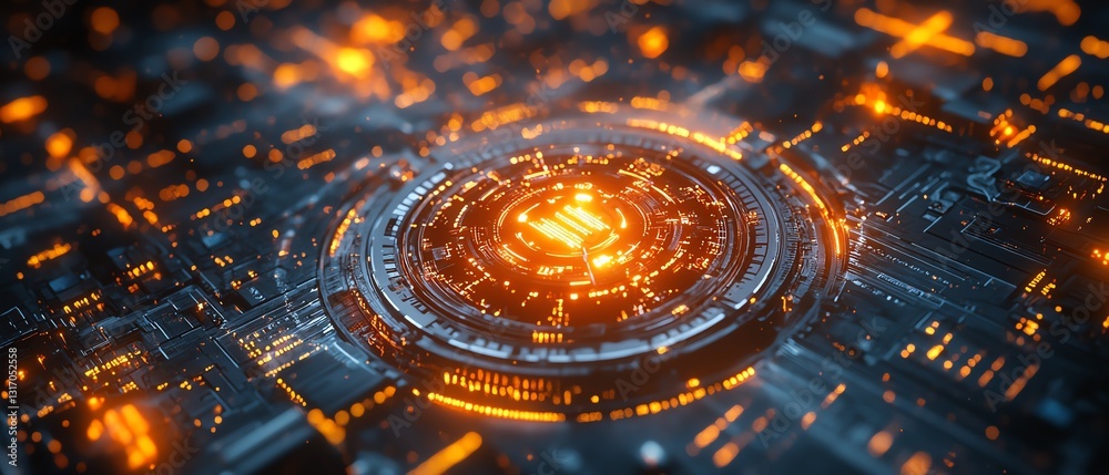 Poster cyber defense visualization digital shield and metallic lock protecting data from glowing binary str
