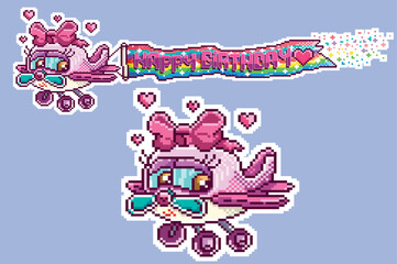 cute plane, with happy birthday phrase, pixel art plane, editable vector, cute pixel plane