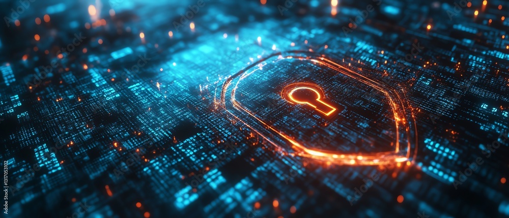 Poster digital lock within a glowing shield, protecting data from cyber threats, surrounded by floating bin