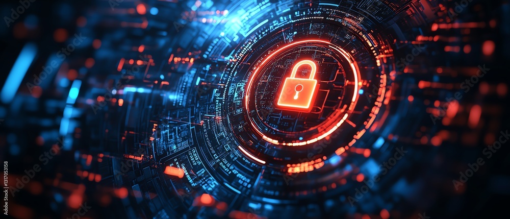 Poster digital security shield with a glowing lock, defending data against cyber attacks and binary code st
