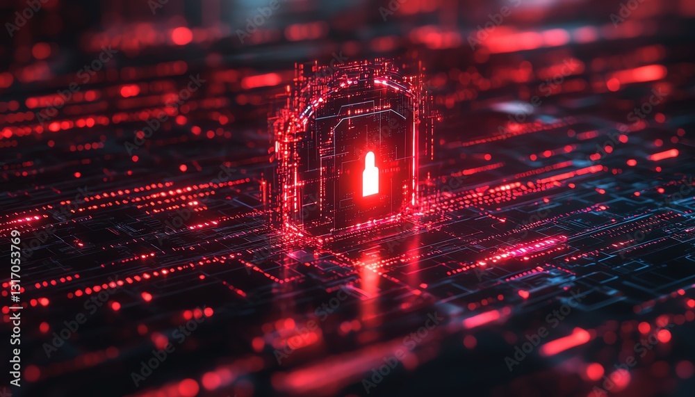 Poster futuristic digital lock and shield protecting data streams, surrounded by flowing binary code, repre