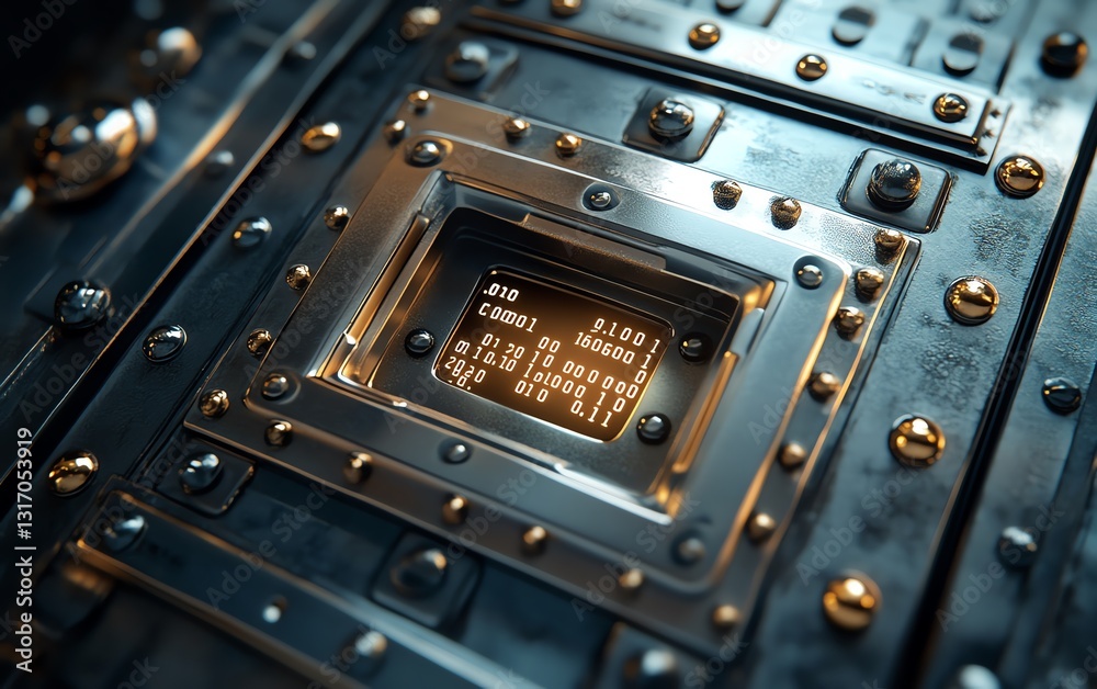 Poster futuristic metallic lock inside a digital shield, securing data streams with glowing binary code, vi