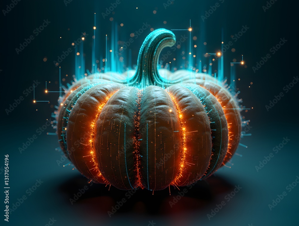 Poster pumpkin illuminated with glowing digital particles floats above a circuit board, merging nature with