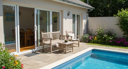 Fototapeta premium Cozy patio area with garden furniture sliding doors and swimming pool