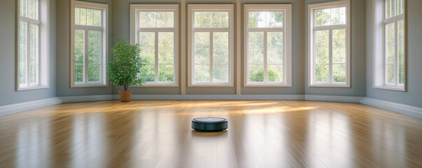 A sleek robotic vacuum rests on polished wooden floors in a spacious, sunlit living room with large windows and a potted plant, showcasing contemporary home technology and design elegance.