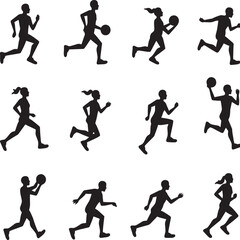 Running and Sports Silhouette Icons Set - Athletes, Jogging, Basketball, Fitness Vector