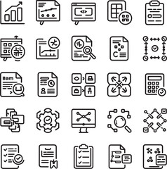 Business Analytics and Data Management Line Icons Set - SEO, Finance, and Strategy Vector