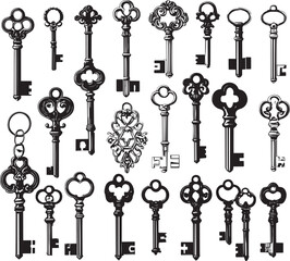 Vintage Ornate Keys Vector Set - Antique Skeleton Key Collection in Black and White
