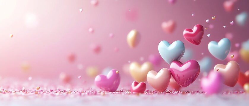 Romantic Valentines Day scene with multicolored hearts floating on a soft pink gradient, creating a warm, affectionate mood, dreamy ambiance, hyperrealistic, UHD quality