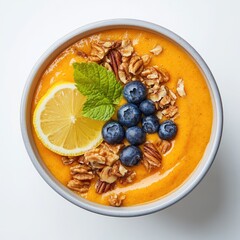 Orange smoothie bowl topped with pecans, blueberries, granola, and lemon