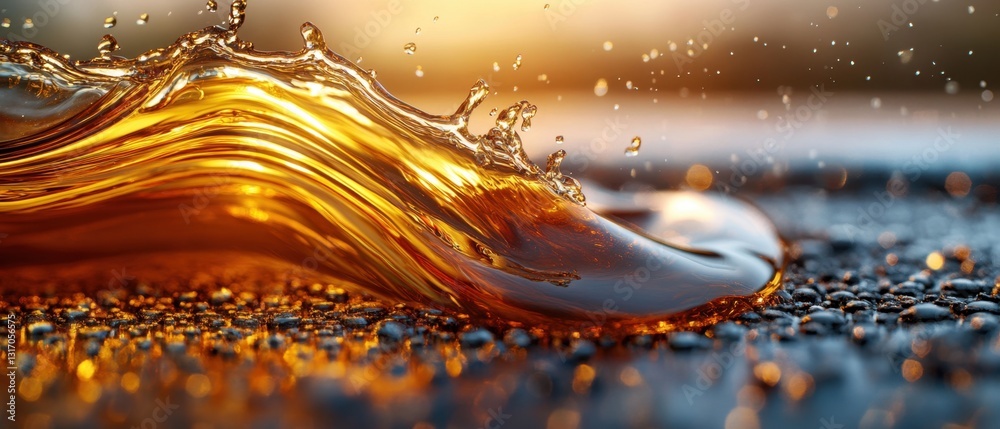 Poster golden liquid wave cresting with dynamic splash against a blurred background creating a mesmerizing 