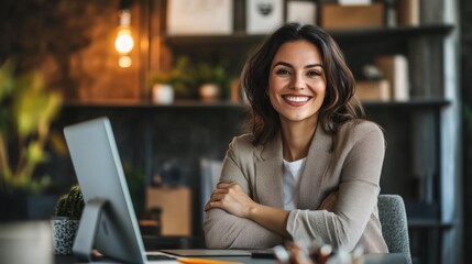 Happy Businesswoman Smiling in Modern Office Environment
