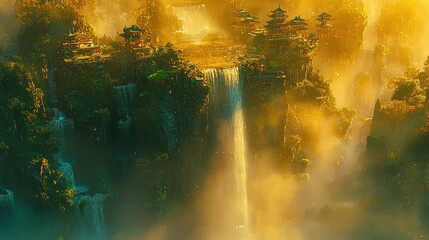 Fototapeta premium Majestic Waterfall Landscape with Pagodas in Misty Atmosphere