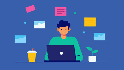 Laptop and Brainstorming A professional sitting at a desk with a laptop open surrounded by sticky notes and sketches brainstorming ideas for an online course.