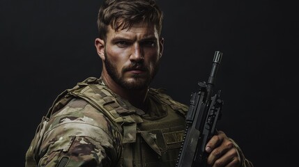 Fototapeta premium Portrait of a Determined Soldier with Tactical Gear and Weapon