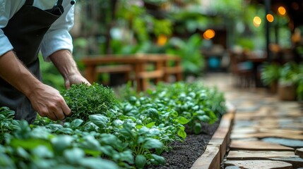 Chef harvesting fresh herbs outside a charming bistro in a countryside setting showcasing farm-to-table concept of local farmers market and boutique winery